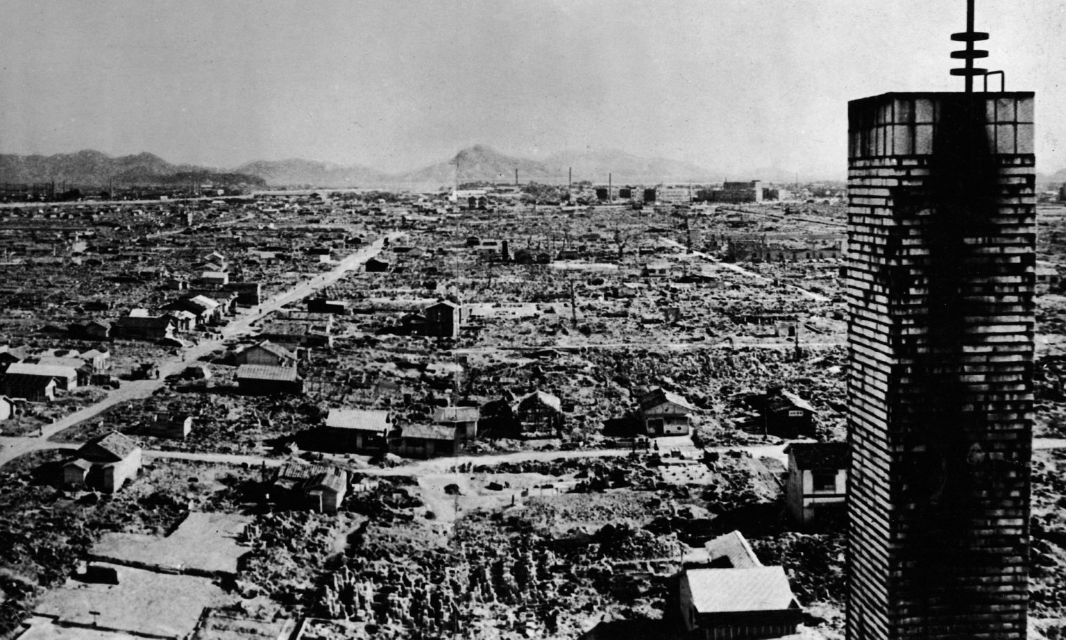 High-angle view of a section of Hiroshima after the US atomic bombing on 6 August 1945.