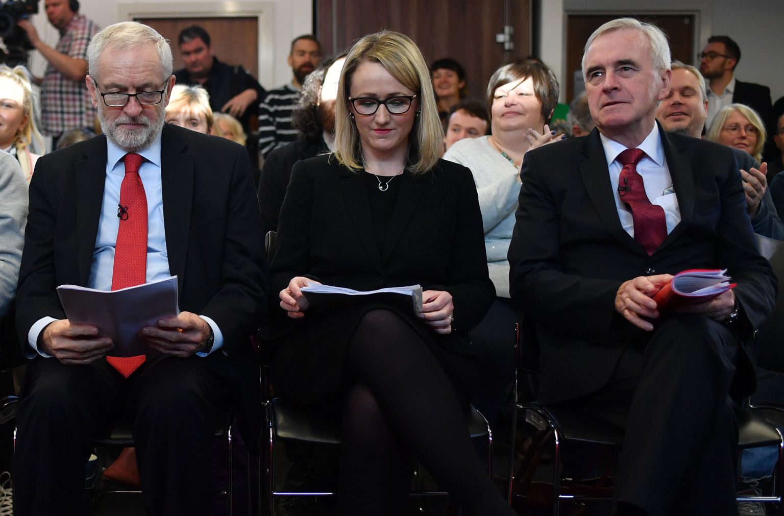 Labour leader Jeremy Corbyn, shadow secretary of state for BEIS Rebecca Long-Bailey and shadow chancellor John McDonnell, on 15 November 2019.