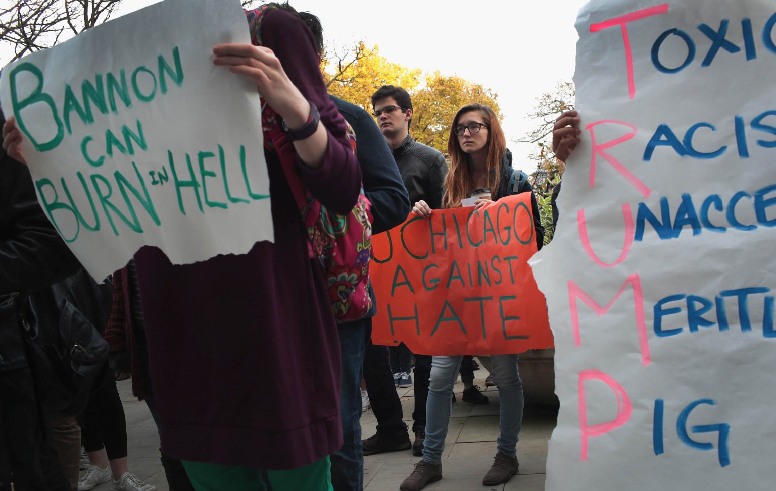 University of Chicago students participate in a walk-out to protest President-elect Donald Trump, 15 November 2016.