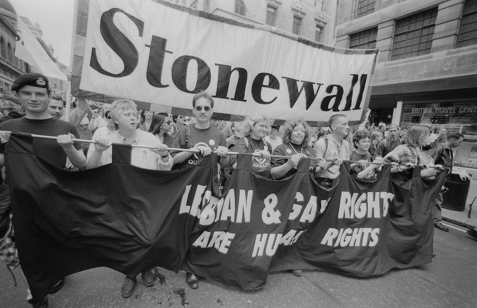 Protesters from Stonewall carry a banner reading 'Lesbian & Gay Rights are Human Rights' during the Gay Pride parade in London, 6 July 1996.