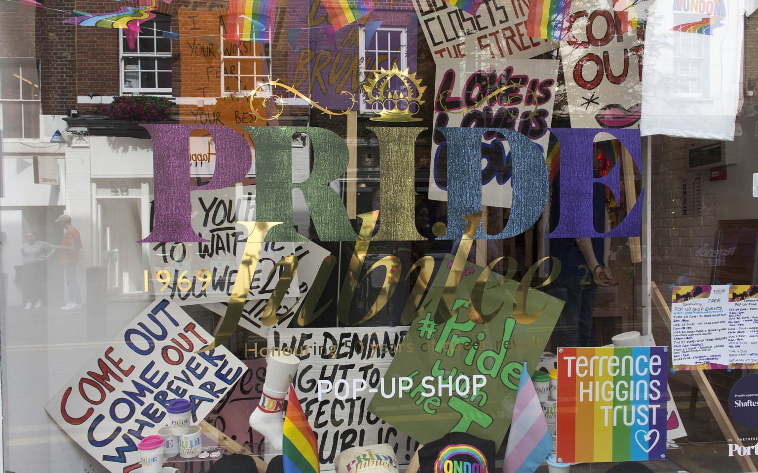 A pop-up store in London marks 50 years of activism since the 1969 Stonewall Riot, on 26 June 2019.