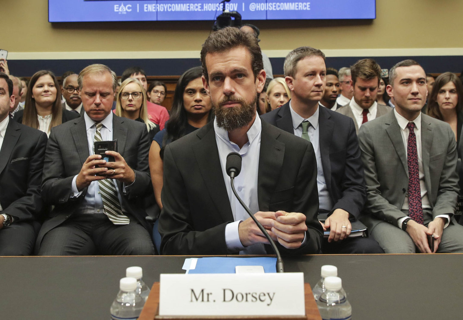 Twitter CEO Jack Dorsey at a House Committee on Energy and Commerce hearing about Twitter's transparency and accountability, on Capitol Hill, 5 September 2018.