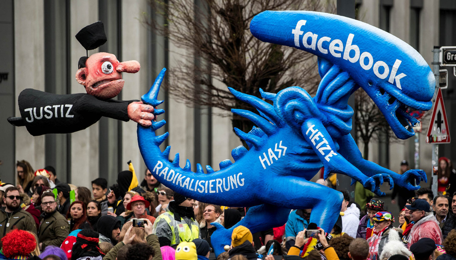 An effigy depicting the relationship between the German judiciary and Facebook, at the Rose Monday carnival parade in Dusseldorf, 24 February 2020.