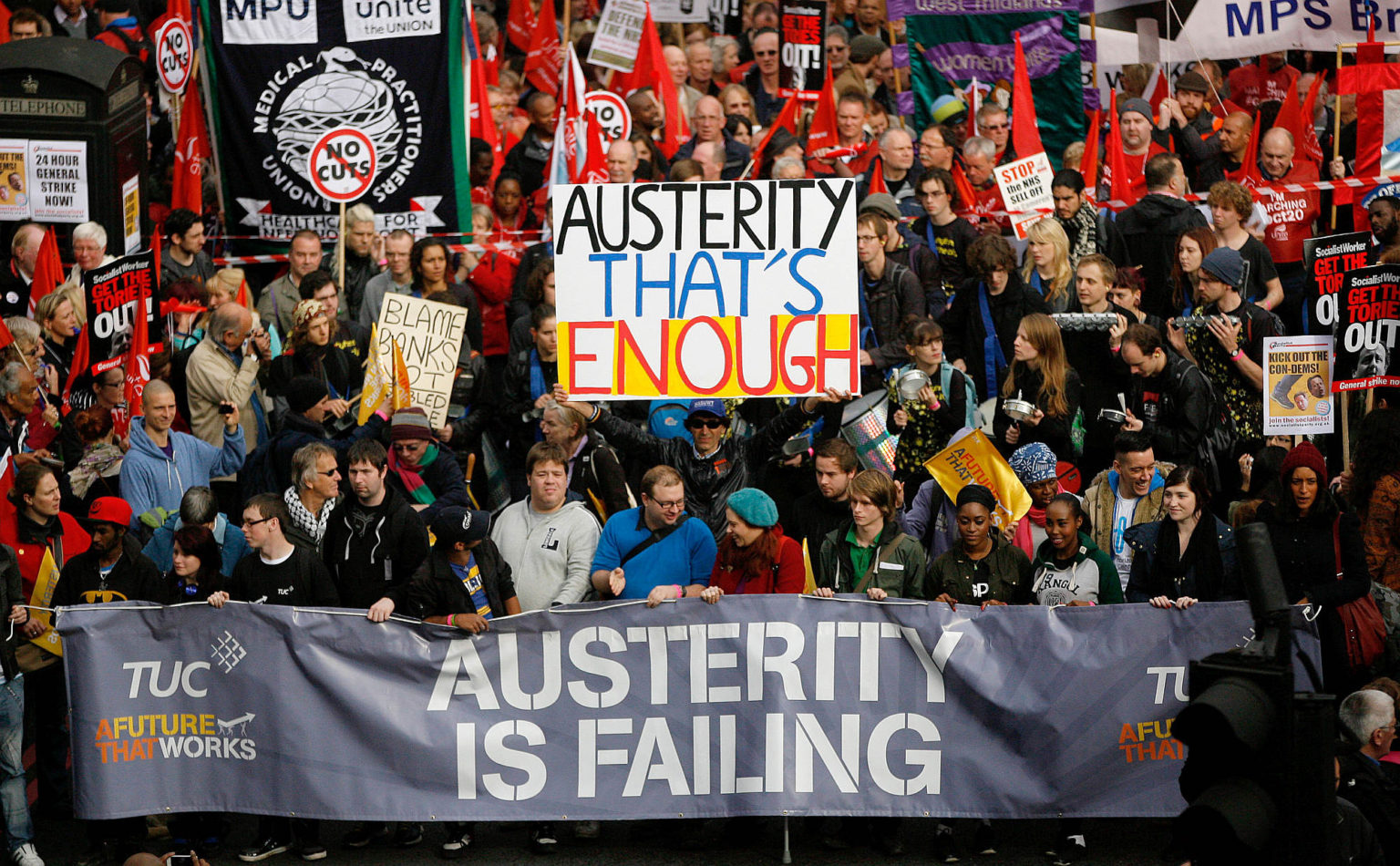Demonstrators take part in a TUC protest against austerity measures in London, 20 October 2012.