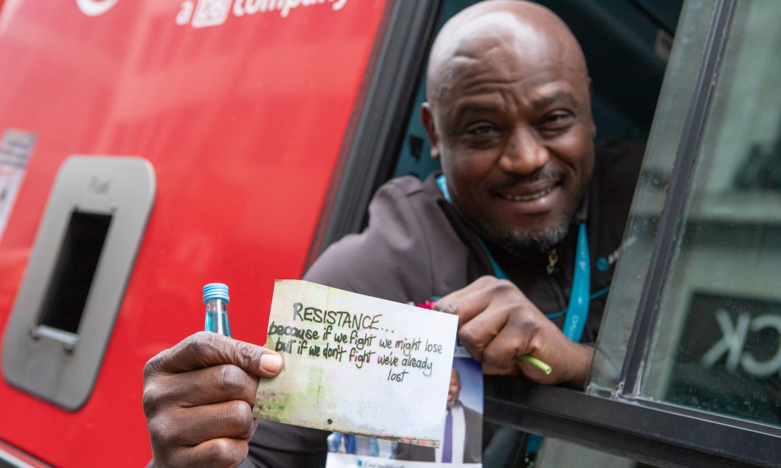 A bus driver shows solidarity with the protesters.