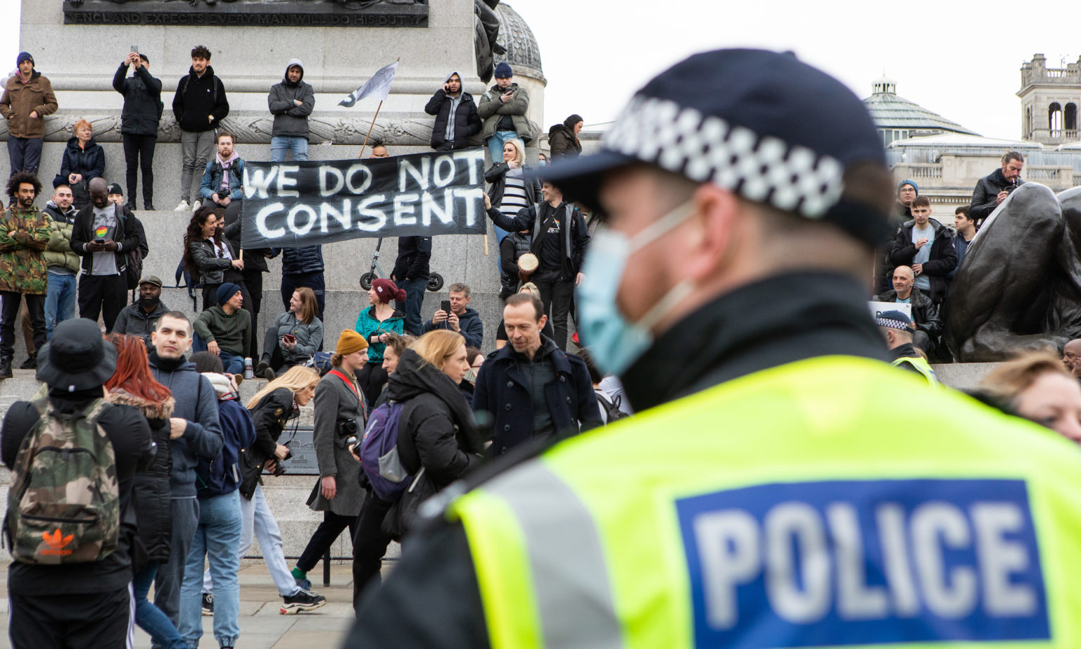 Anti-lockdown protesters gather in Trafalgar Square.