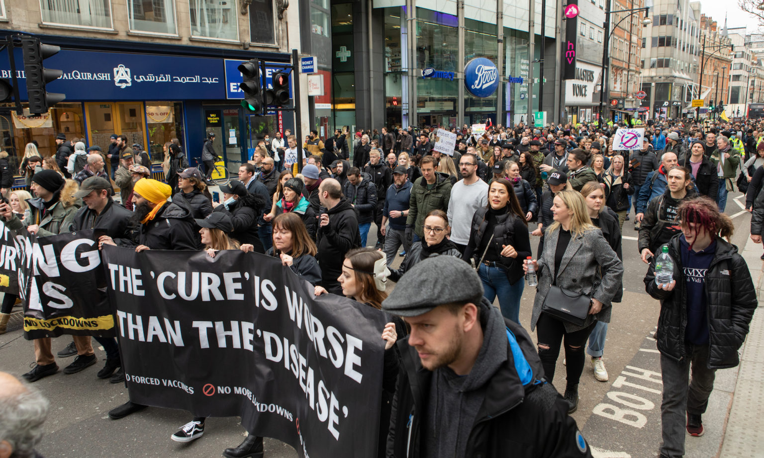 Protesters march down Oxford Street.