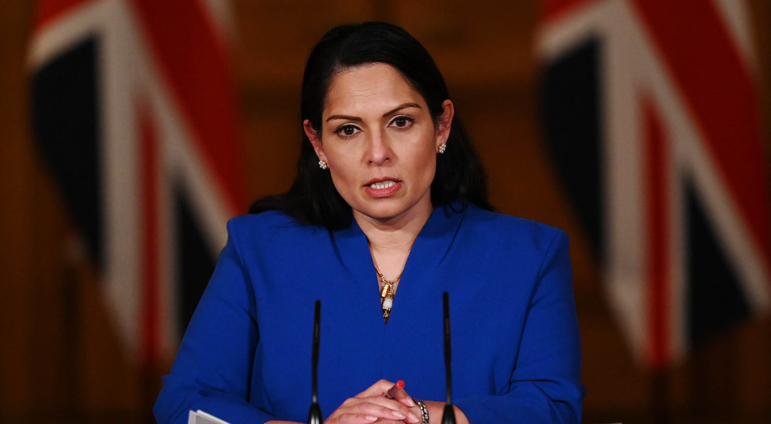 UK home secretary Priti Patel at a press conference at Downing Street, 12 January 2021.
