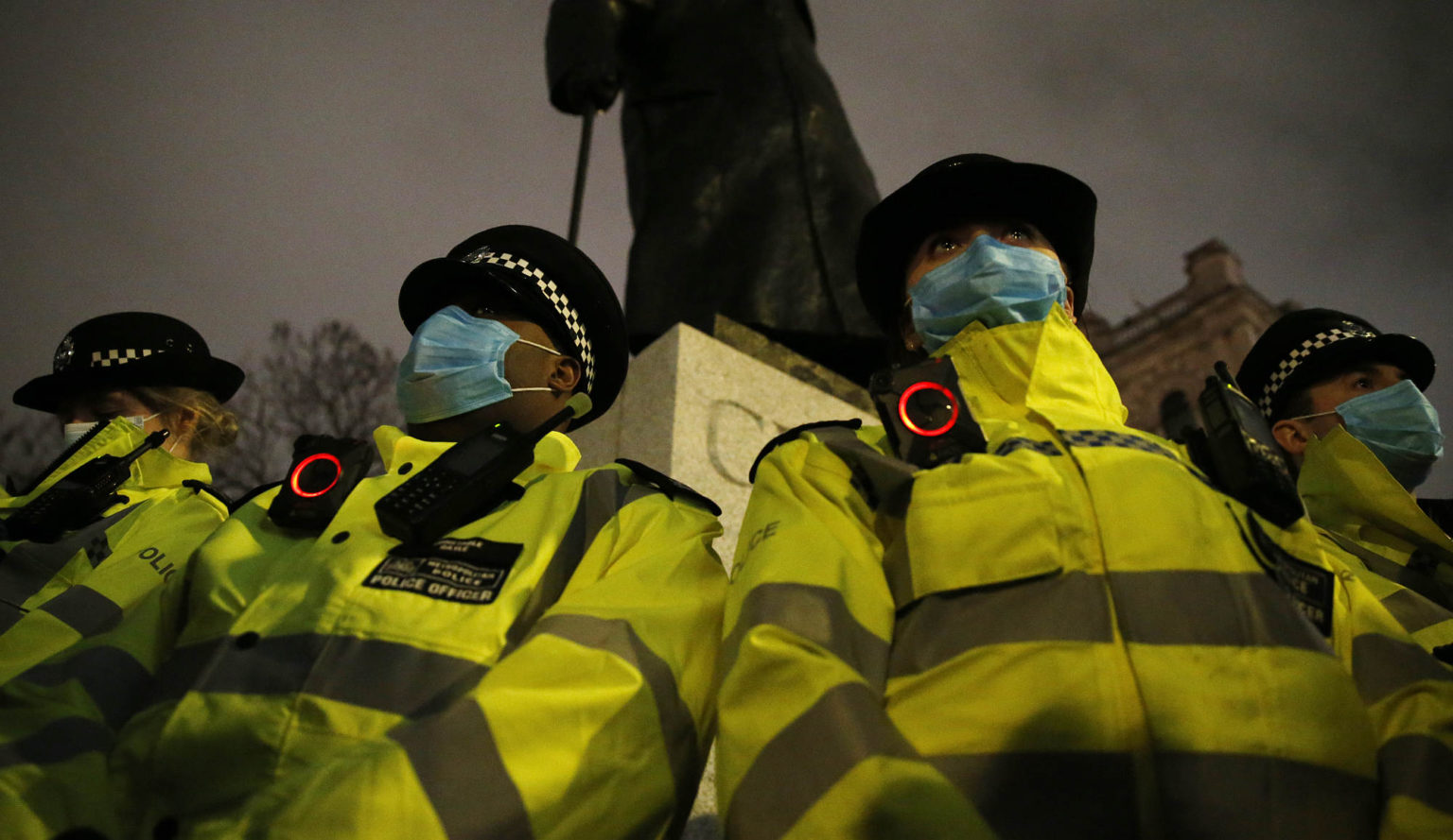 Police officers in Parliament Square Garden, 14 March 2021.
