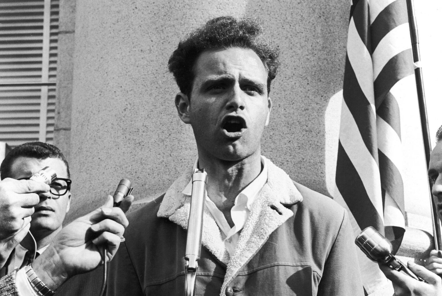 Mario Savio, leader of the Students' Free Speech Movement of UC Berkeley, speaks to several thousand students, 2 December 1964.
