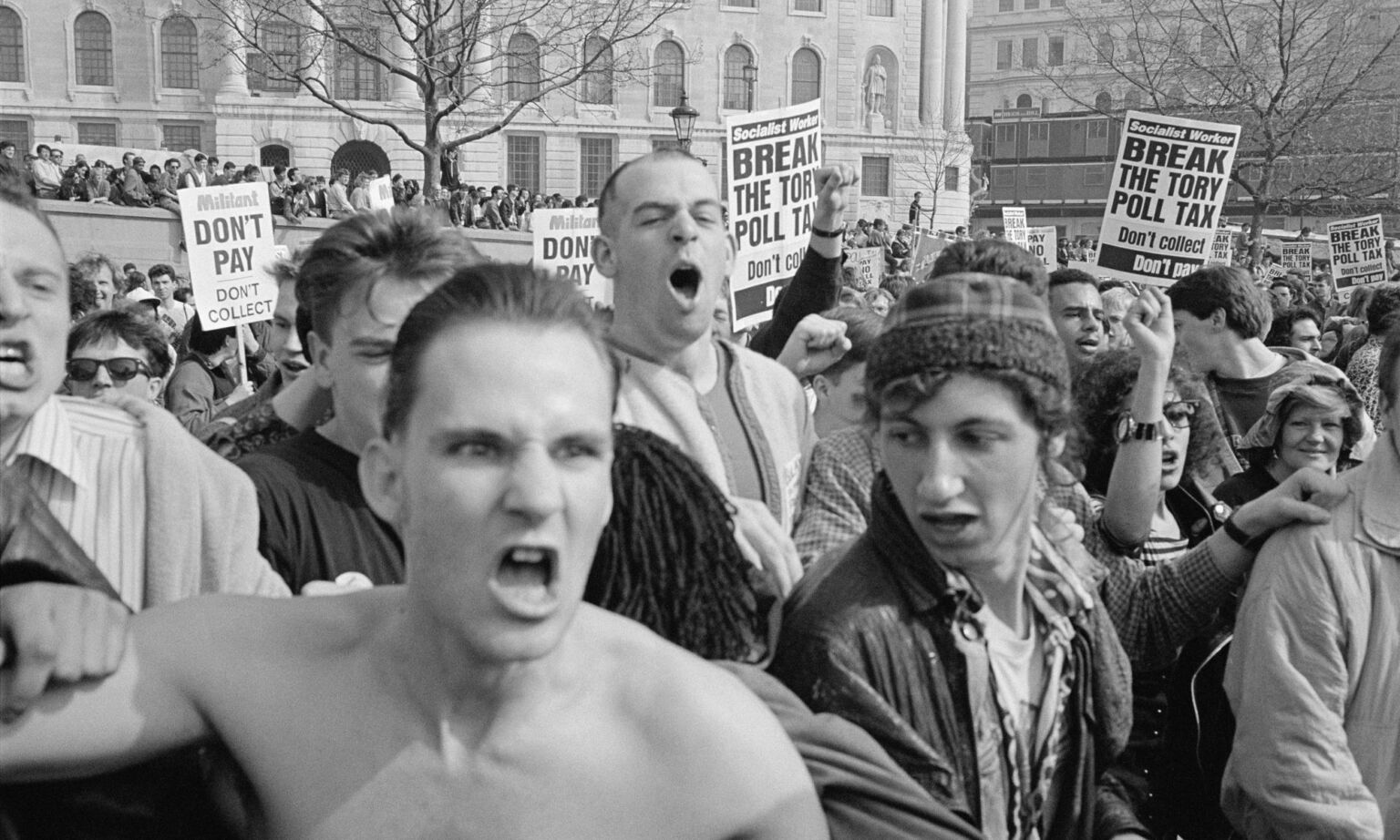Anti-poll-tax protesters in Trafalgar Square, 31 March 1990.