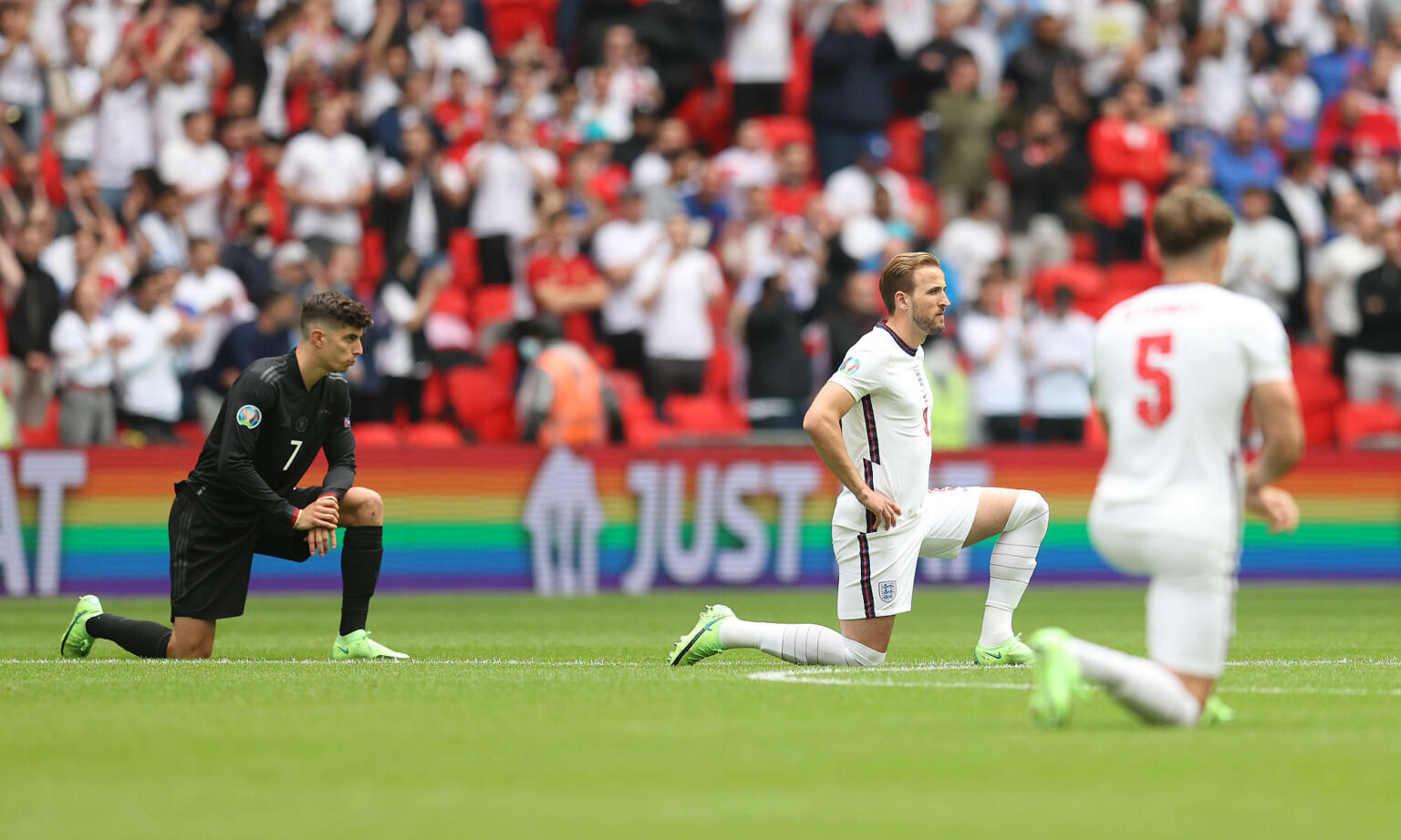 England and German players take the knee during Euro 2020, Wembley Stadium, 29 June 2021.