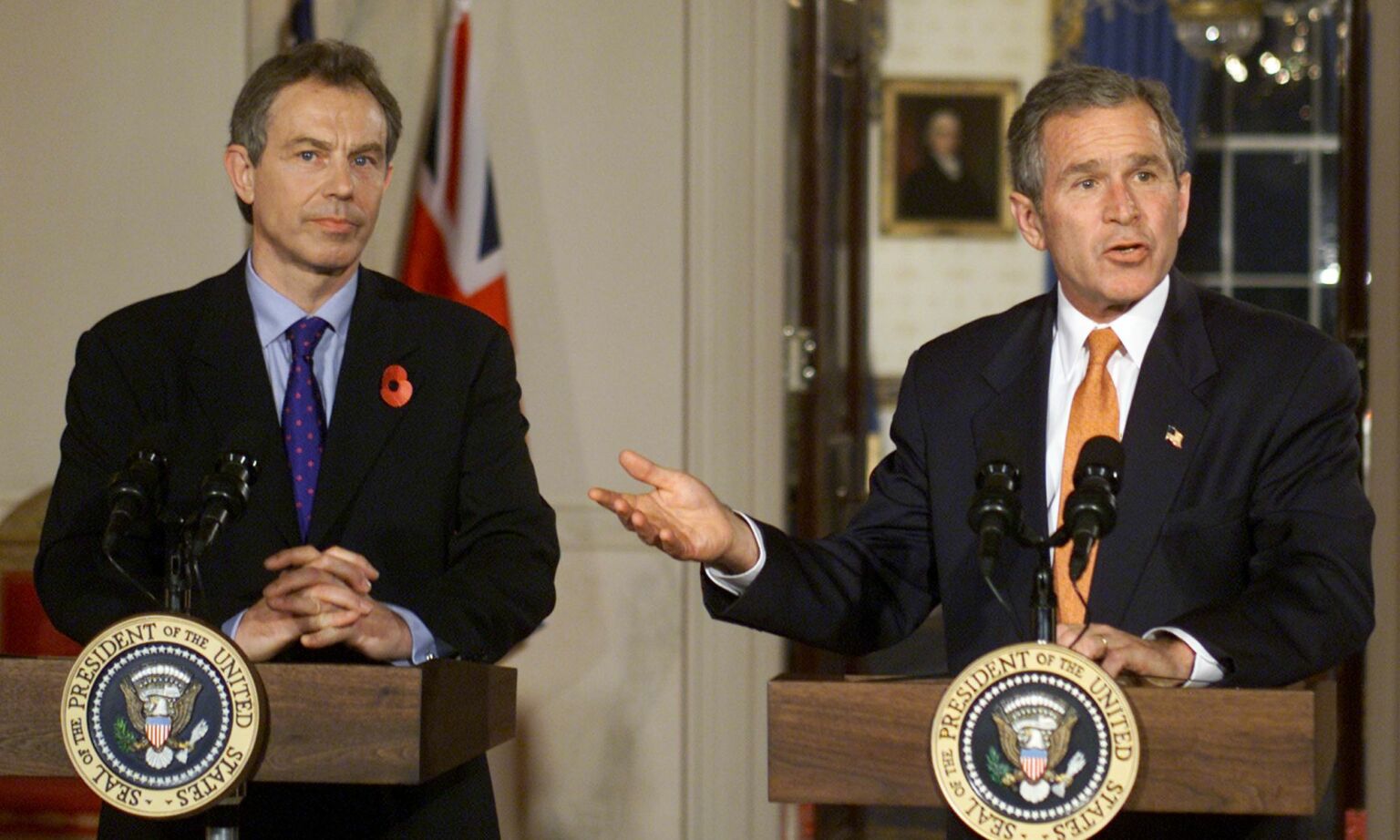 Bush and Blair press conference at the White House, November 2001.