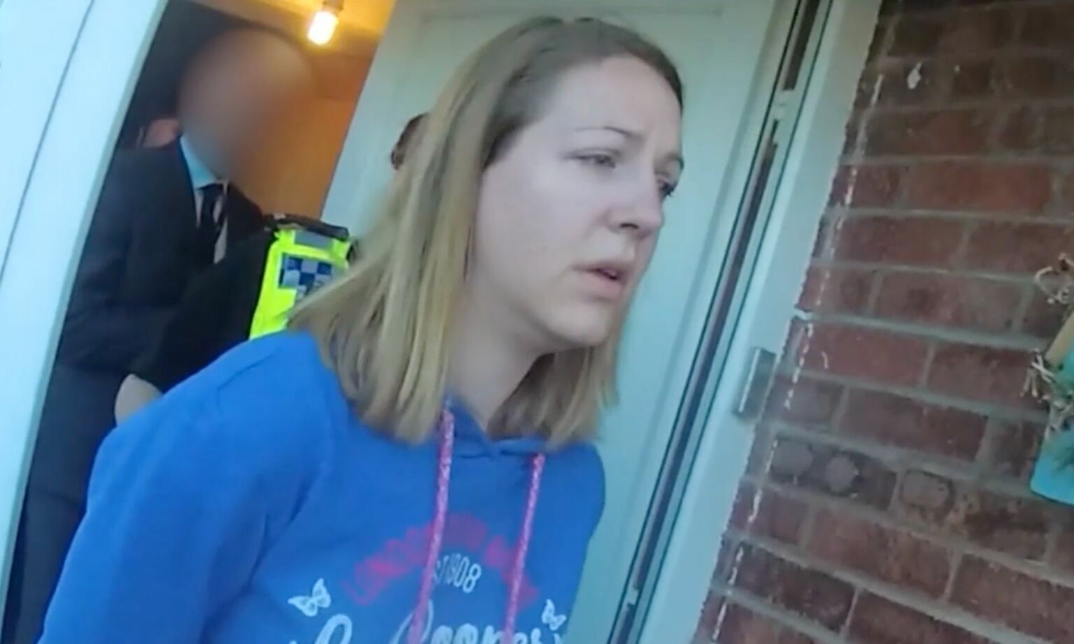 Lucy Letby captured on police body-cam footage during her arrest on 3 July 2018 in Chester, England.
