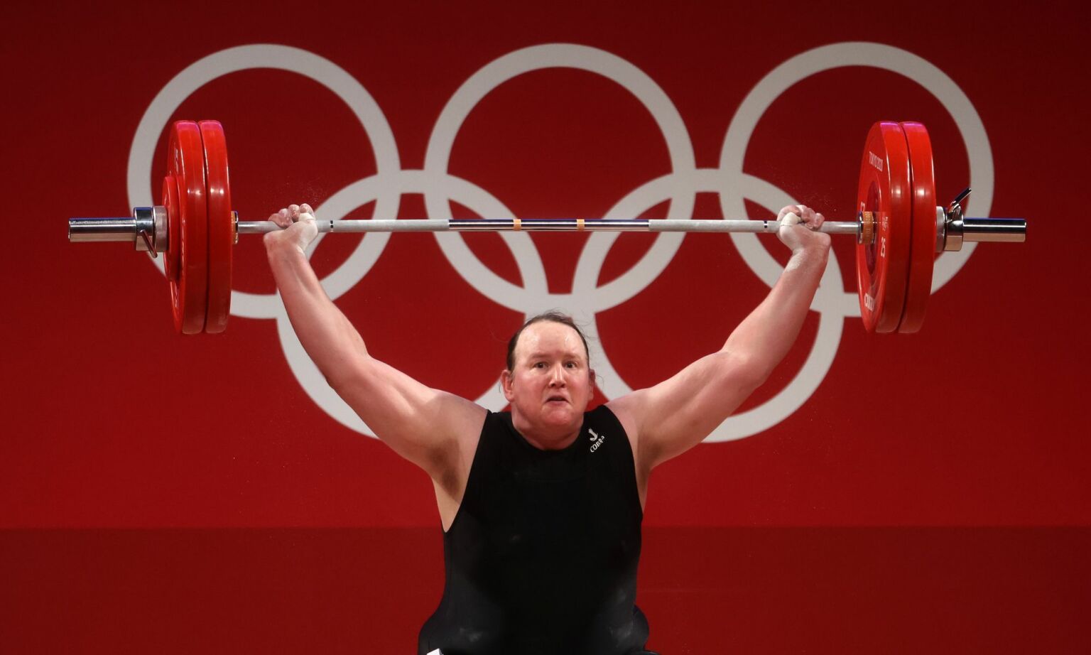Laurel Hubbard of Team New Zealand competes during the Weightlifting - Women's 87kg+ Group A on day ten of the Tokyo 2020 Olympic Games at Tokyo International Forum on August 02, 2021 in Tokyo, Japan.