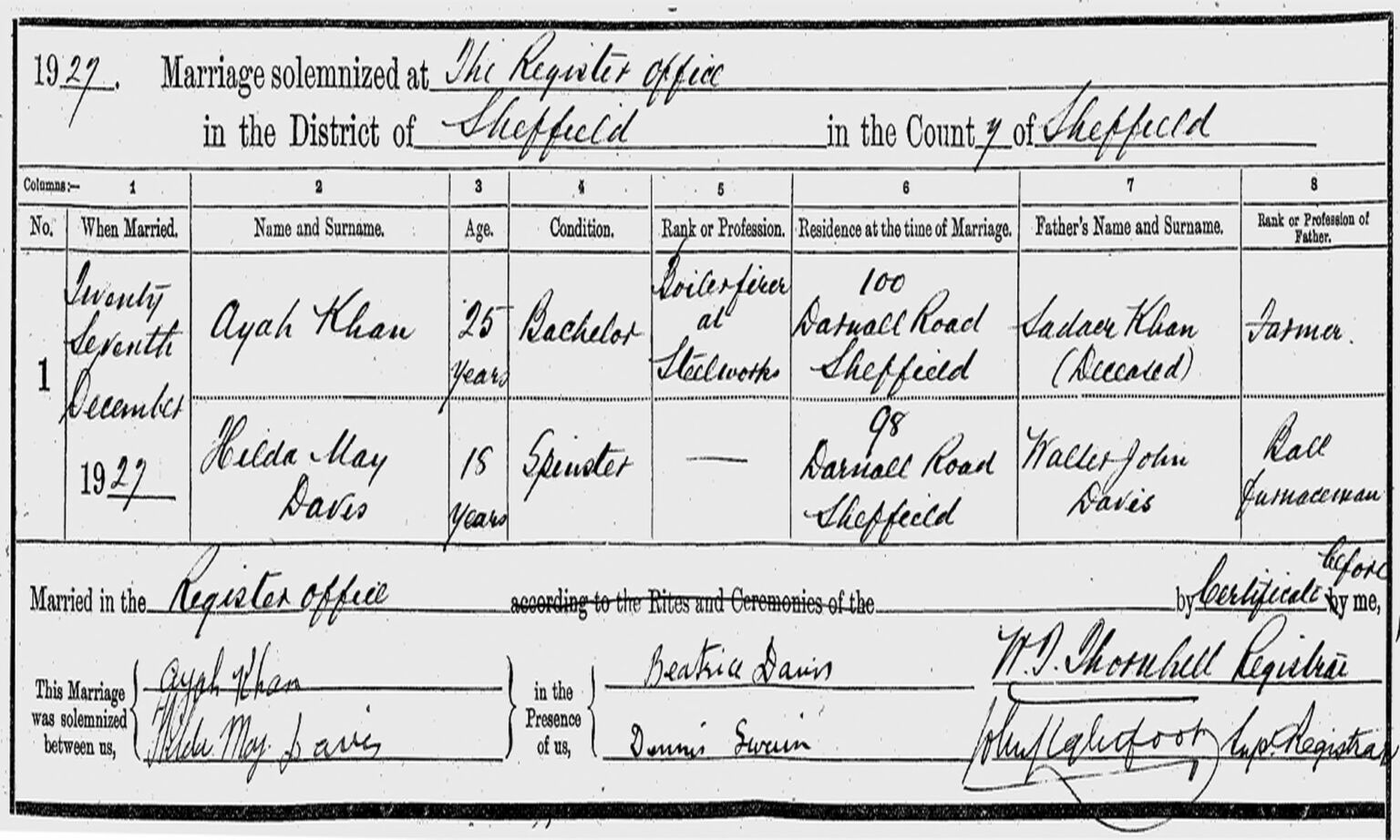 A certificate detailing a mixed marriage that took place in Sheffield, 1929.