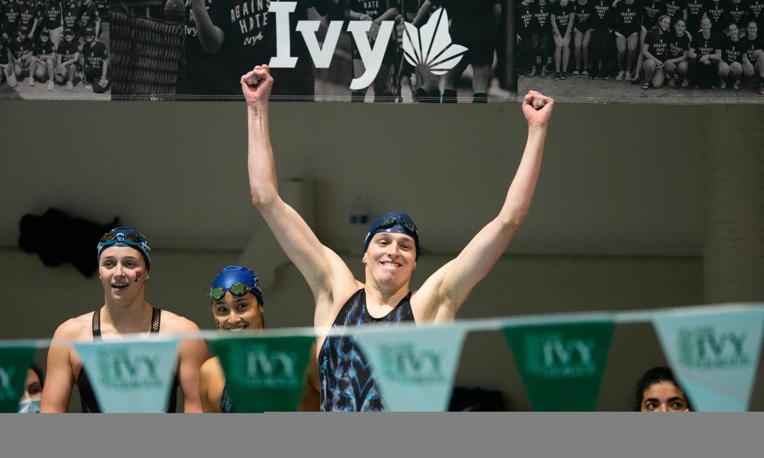 University of Pennsylvania swimmer Lia Thomas reacts after his team wins the 400 yard freestyle relay during the 2022 Ivy League Womens Swimming and Diving Championships at Blodgett Pool on February 19, 2022 in Cambridge, Massachusetts.