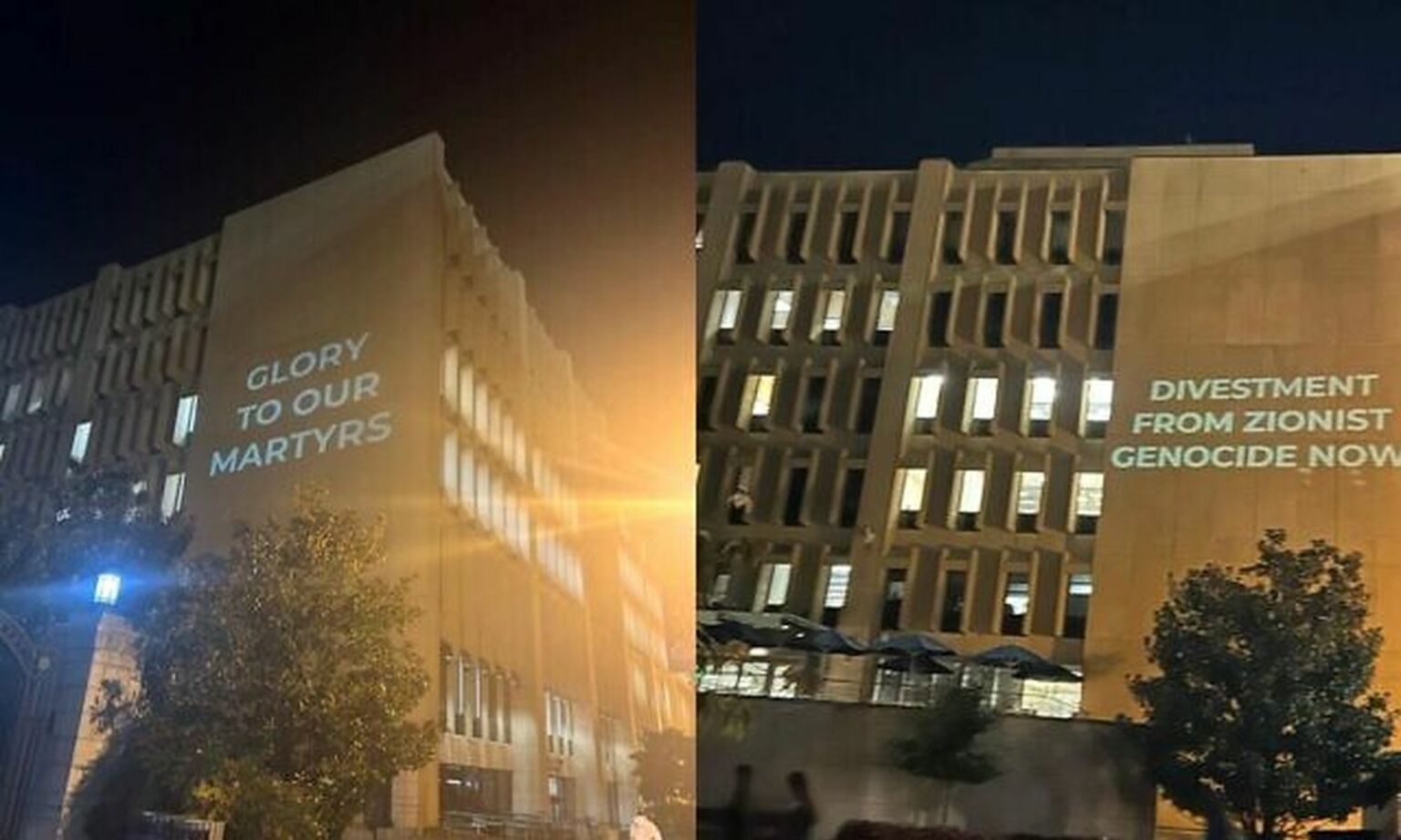 Pro-Palestine students projecting messages onto a building at George Washington University's campus in Washington, 24 October 2023.
