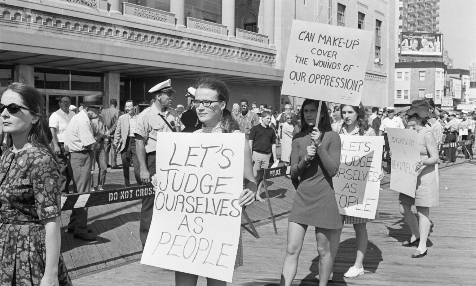 Demonstrators from the National Women's Liberation Movement picket the 1968 Miss America Pageant.