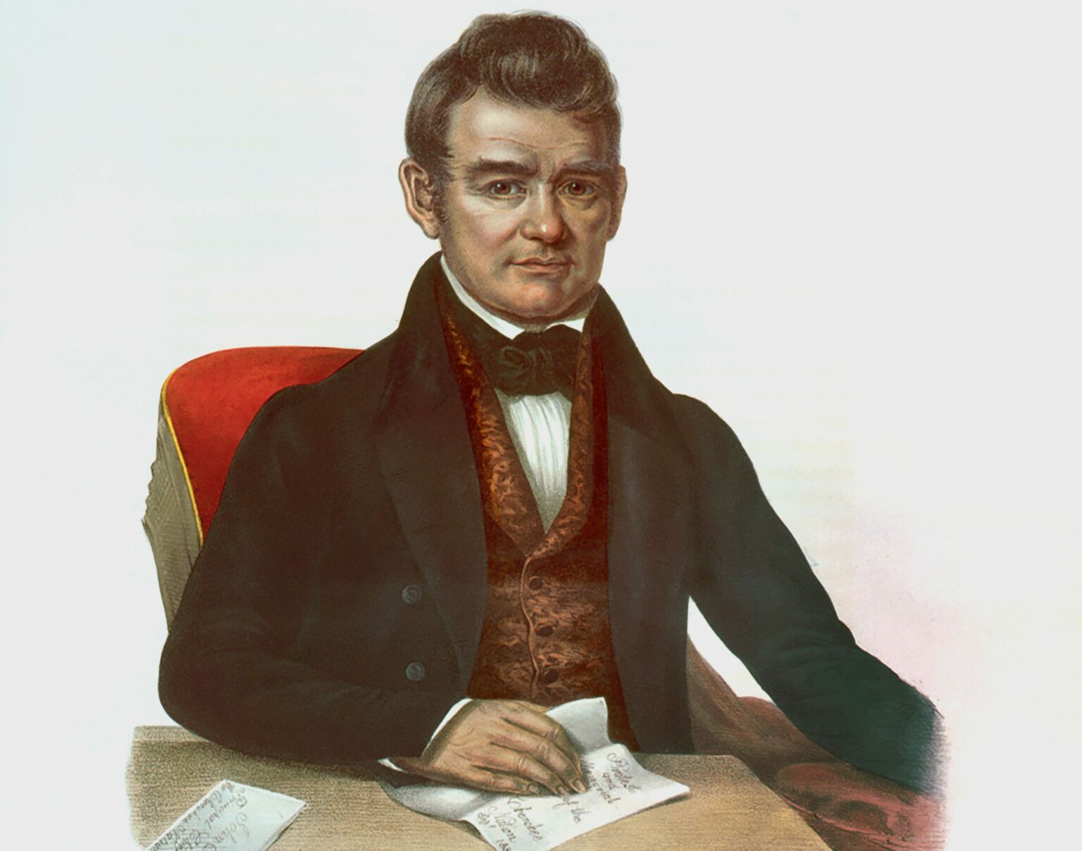 John Ross, a Cherokee chief. Lithograph by John T Bowen and published by Daniel Rice and James G Clark in 1843.
