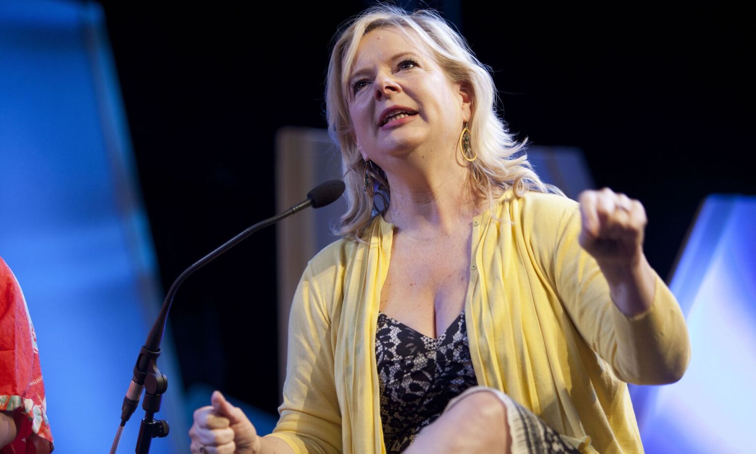 Allison Pearson attends the Hay festival at Dairy Meadows in Hay-on-Wye, Wales, 2013. 