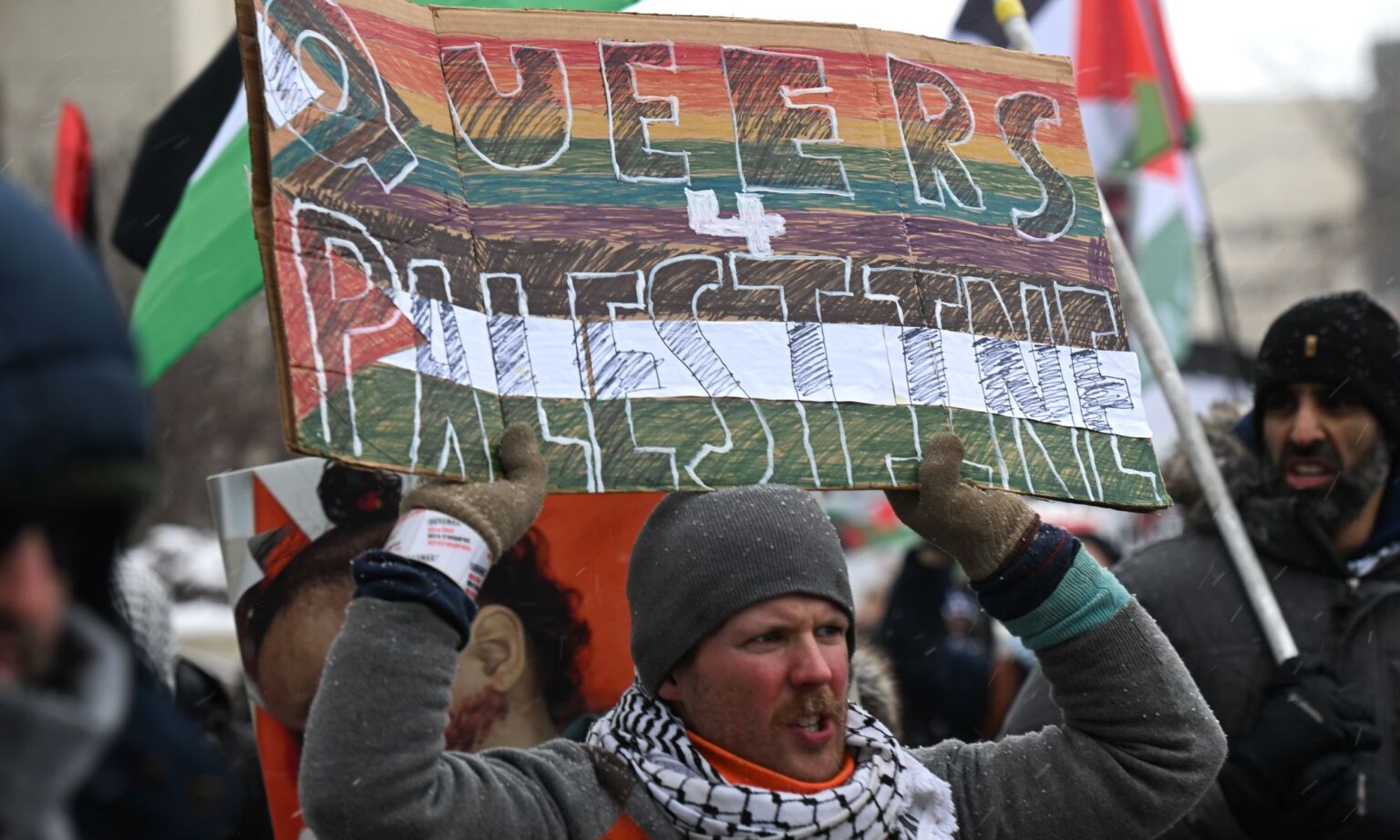 A 'Queers for Palestine' protester at a pro-Palestinian rally in Alberta, Canada.