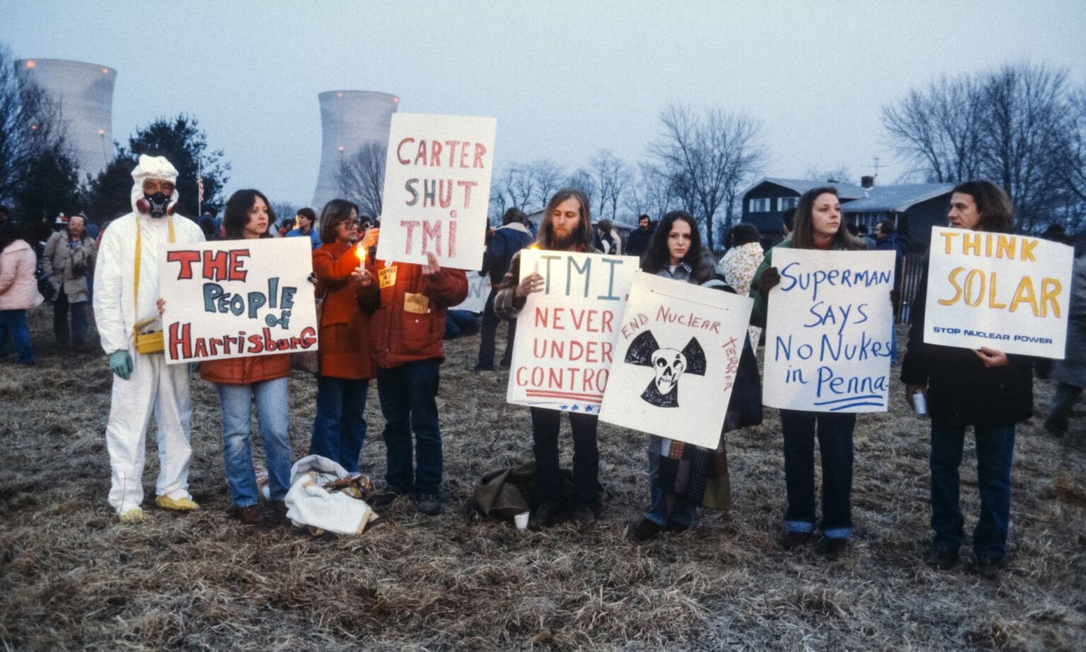 Anti-nuclear demonstrators outside Three Mile Island Nuclear Generating Station, Londonderry Township, Pennsylvania, in early to mid-1979. 