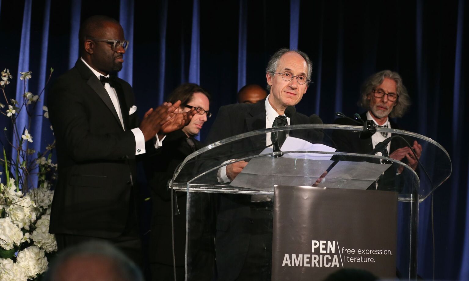 Charlie Hebdo editor-in-chief Gérard Biard speaks at the PEN American Center Literary Gala, May 2015.