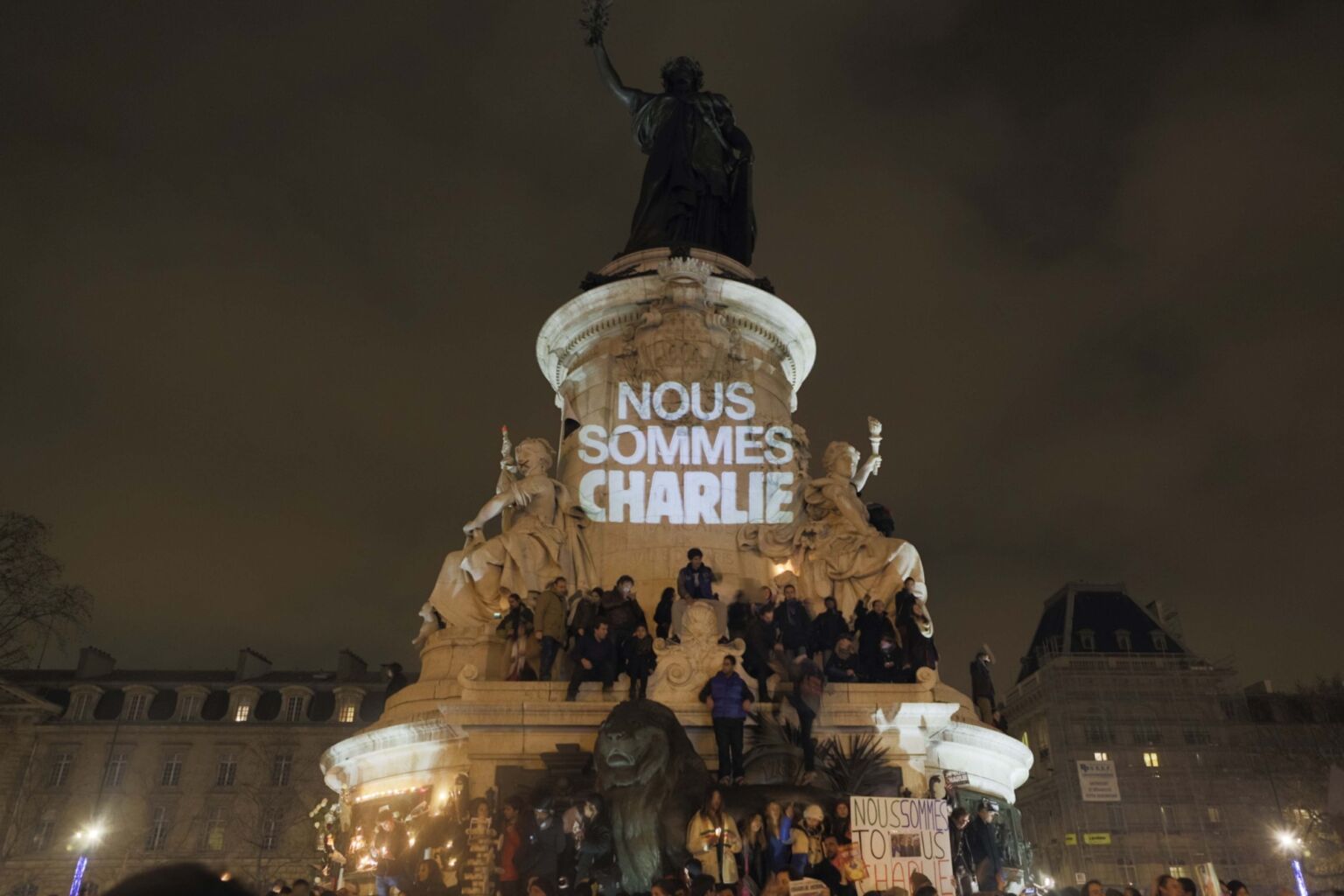 People gather at the Place de la Republique in Paris, 7 January 2015