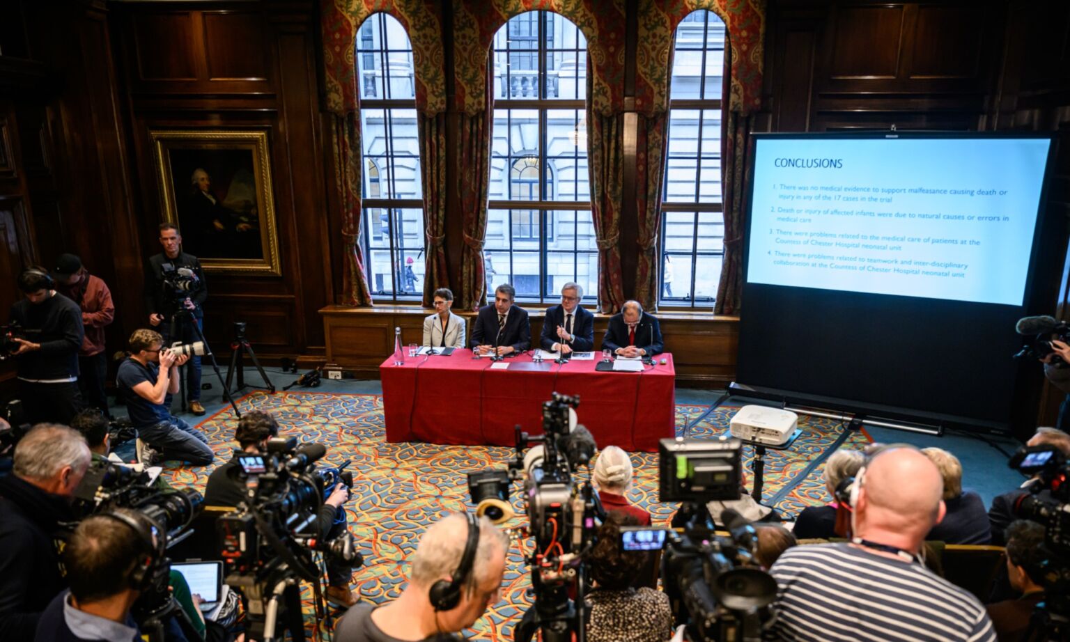 Professor Neena Modi, barrister Mark McDonald, MP Sir David Davis and Dr Shoo Lee attend a press conference to present their findings on Lucy Letby's conviction, on 4 February 2025 in London.