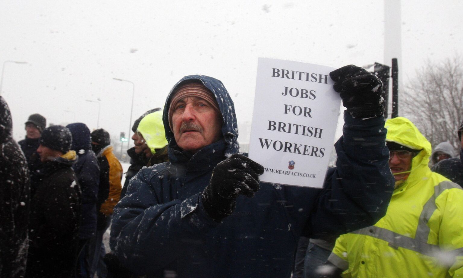 Protesters demonstrate outside the Lindsey Oil Refinery, near Immingham, north east England, on 2 February 2009.