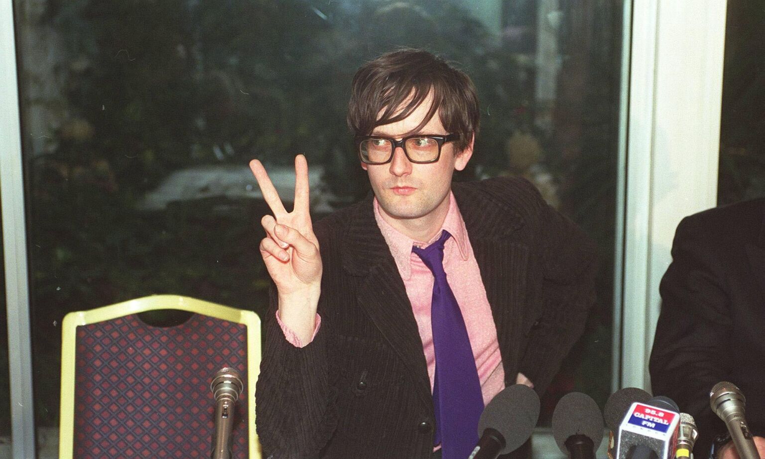 Jarvis Cocker, pictured at press conference following a court appearance where he was told that he will not be prosecuted for his antics during Michael Jackson's performance at the Brit Awards.