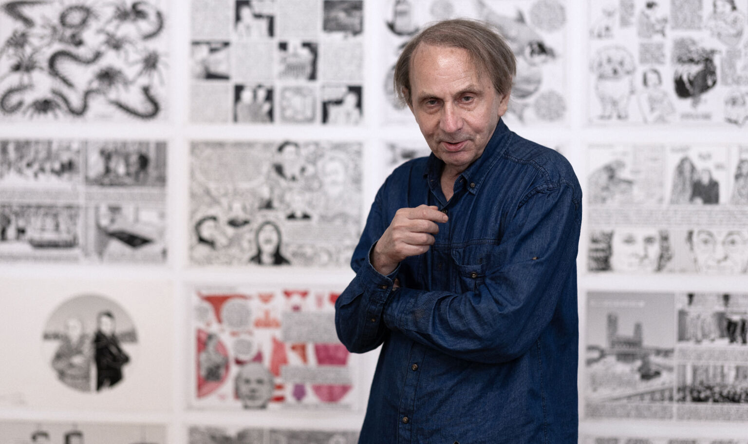 Michel Houellebecq at an exhibition of the comic book adaptation of  'The map and the territory', Paris, 30 June 2023.