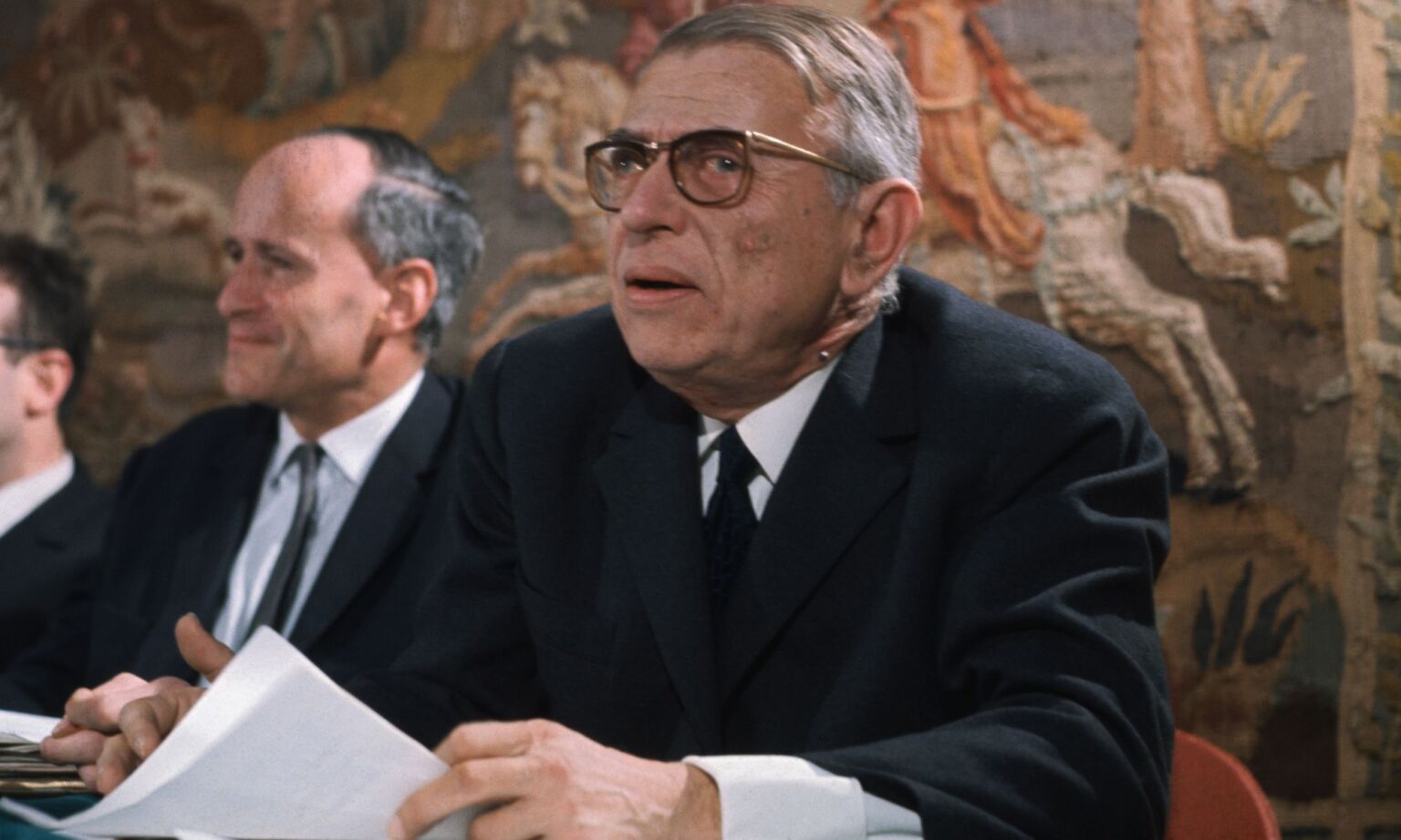 Closeup of French writer-philosopher Jean-Paul Sartre, Paris, France, 1968.