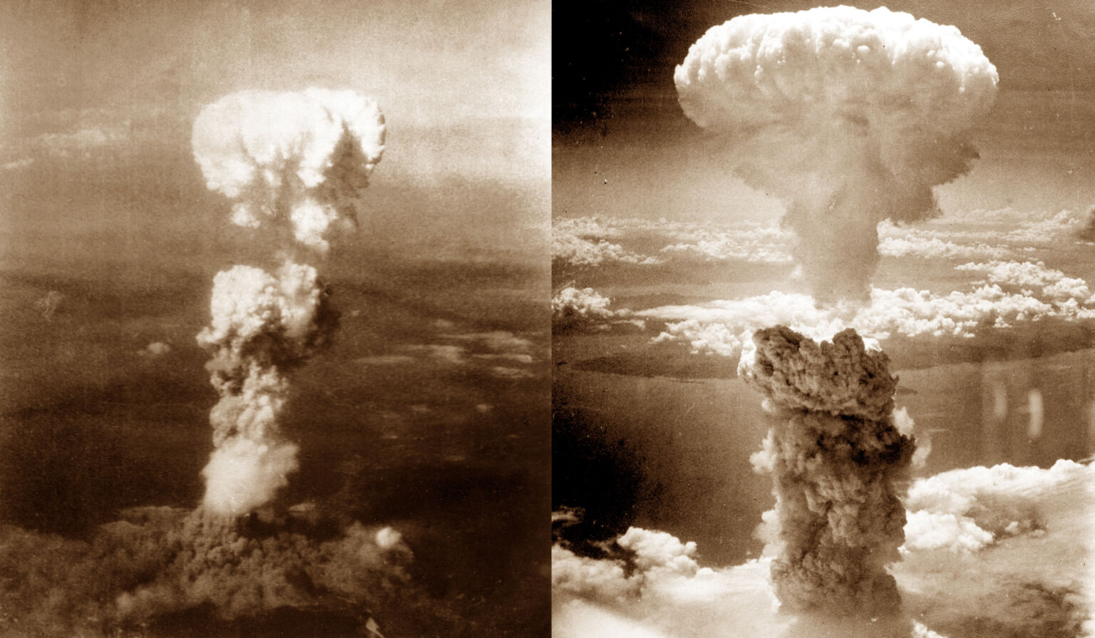 Atomic bomb mushroom clouds over Hiroshima (left) and Nagasaki (right), August 1945.