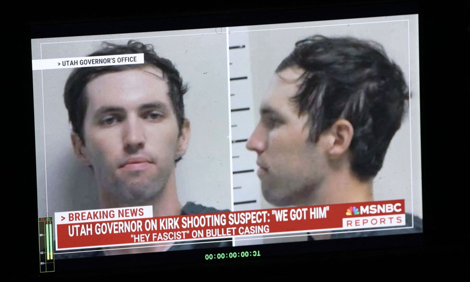 A TV monitor displays a picture of Tyler Robinson, suspected of killing Charlie Kirk, 12 September 2025.