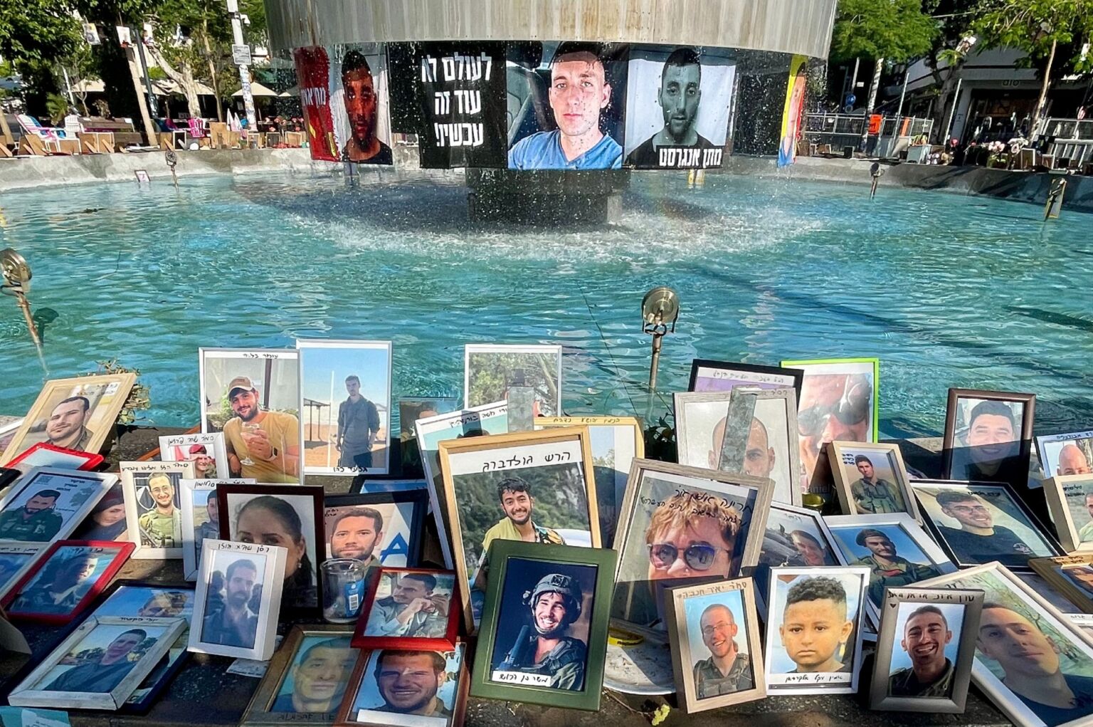 A memorial for the victims of 7 October, Dizengoff Square, Tel Aviv.