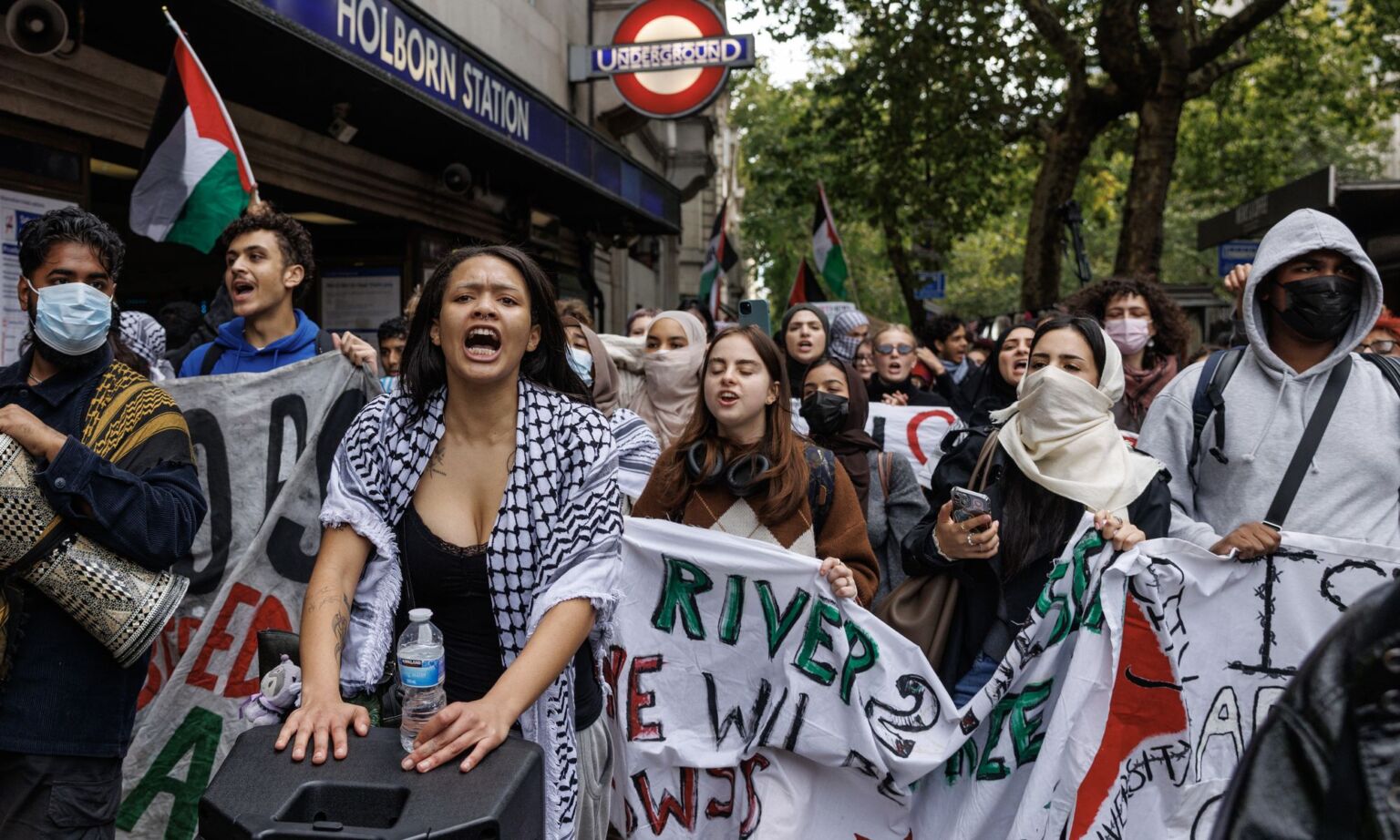 Protesters from London universities attend a pro-Palestine demonstration on the second anniversary of Hamas's pogrom,  7 October 2025.