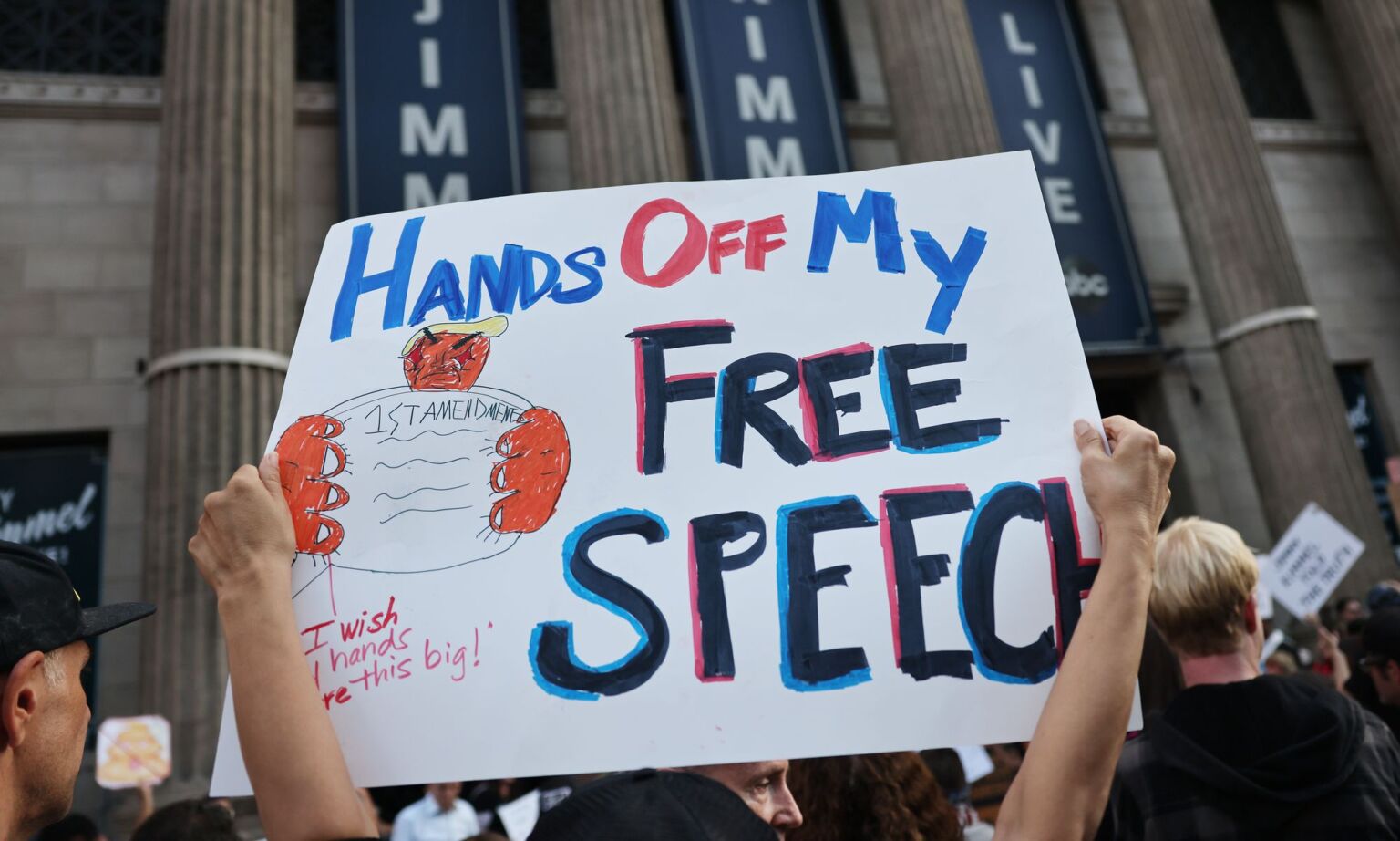 Demonstrators protest the suspension of the Jimmy Kimmel Live! show in Los Angeles, 18 September 2025.