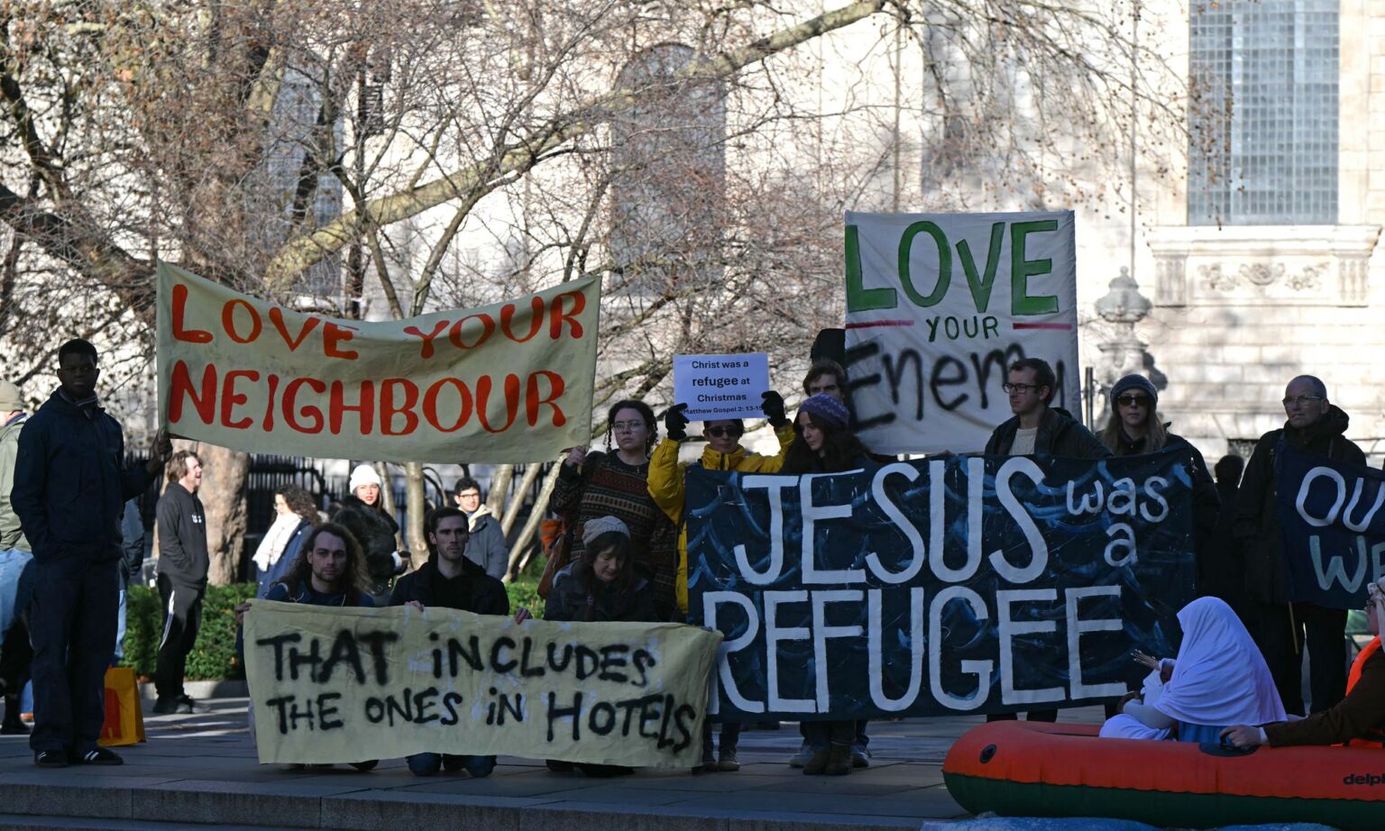 Pro-immigration Christians gather outside St Paul's Cathedral, 13 December, 2025.