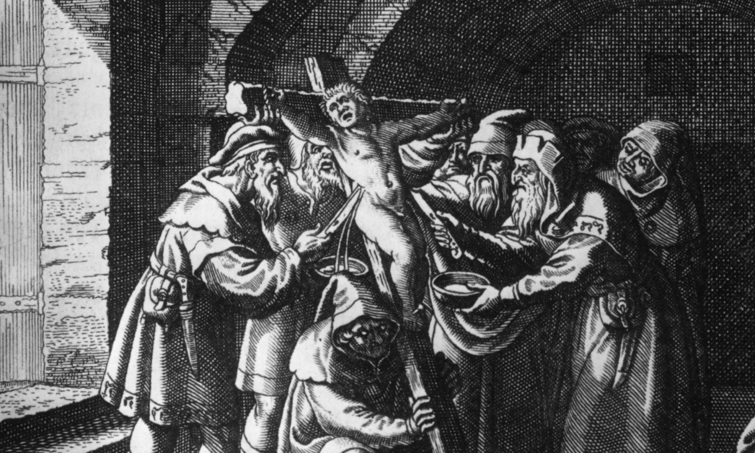 An anti-Semitic drawing from the 15th century depicting Jews using the blood of Christian children for mystic rites.