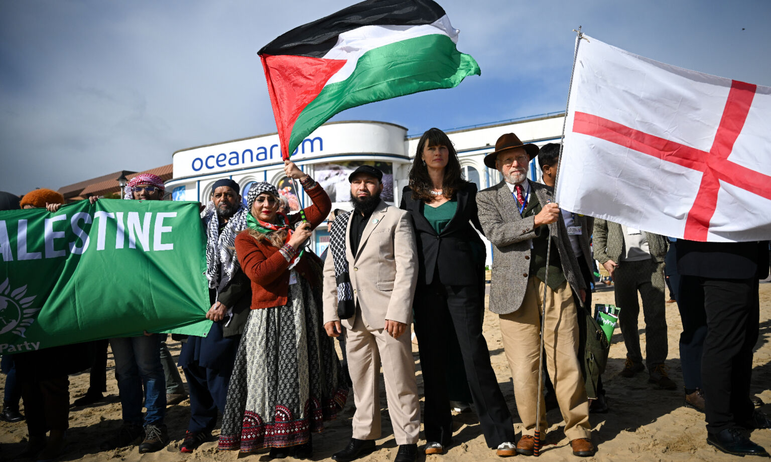 Green Party deputy leaders Mothin Ali and Rachel Millward gather for a 'Red Line for Palestine' protest during the Green Party conference in Bournemouth 4 October 2025.
