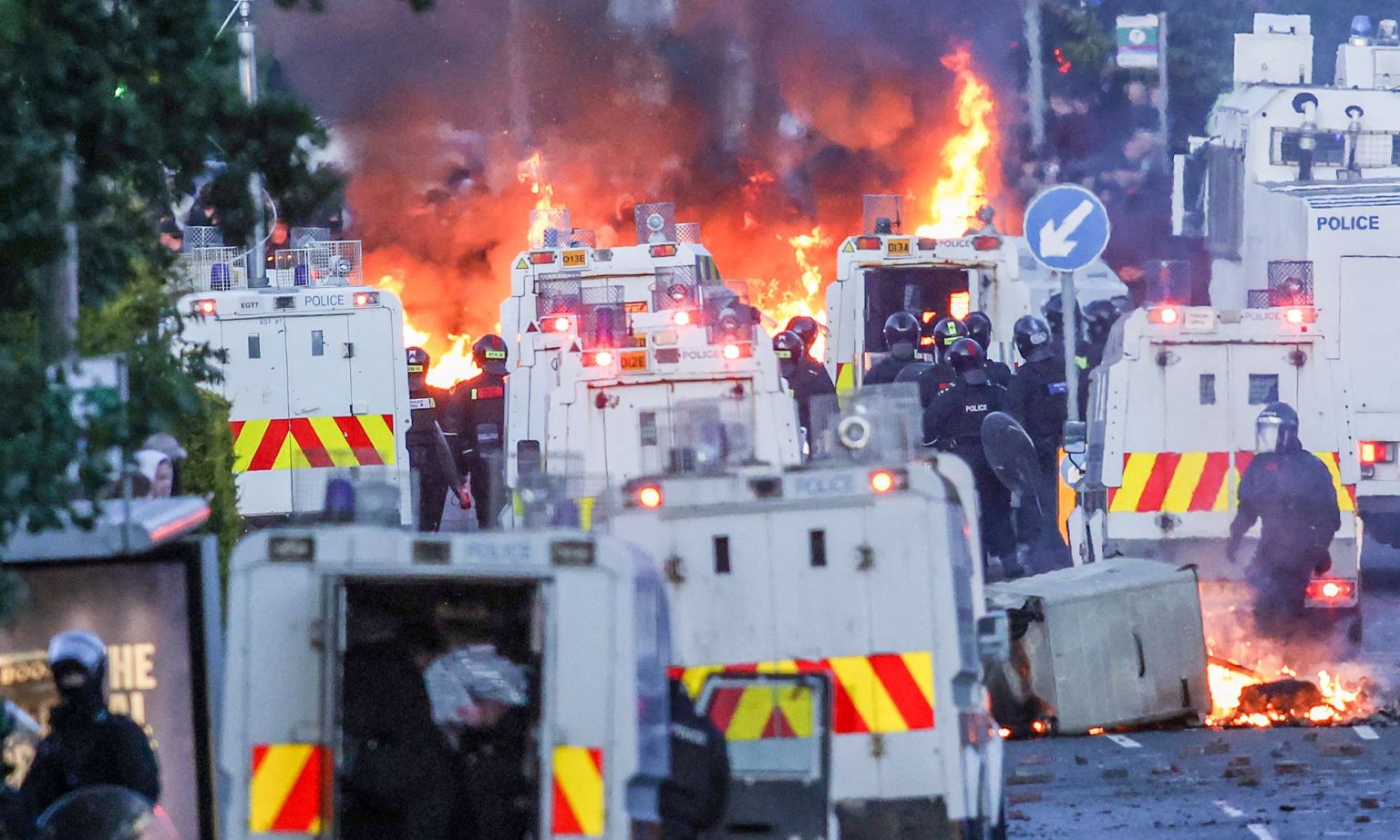 Protesters in stand-off with police in Glengormley, north of Belfast, Northern Ireland, 10 June 2026.
