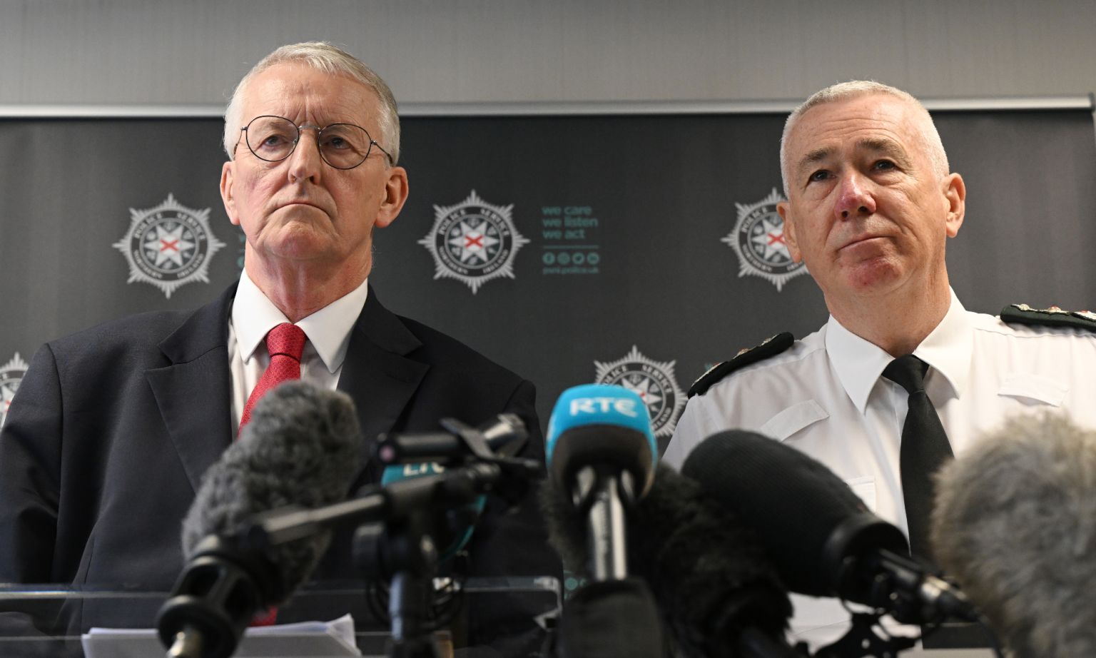 Northern Ireland secretary Hilary Benn, and PSNI chief constable Jon Boutcher attend a press conference in Belfast, 10 June 2026.