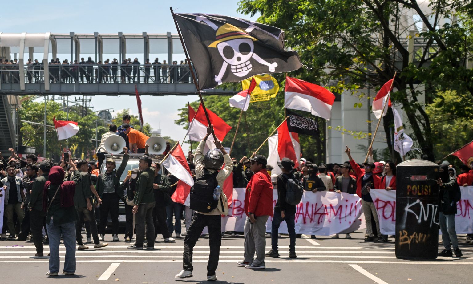 A demonstrator waves a One Piece pirate flag during anti-government protests in Jakarta, 30 August 2025